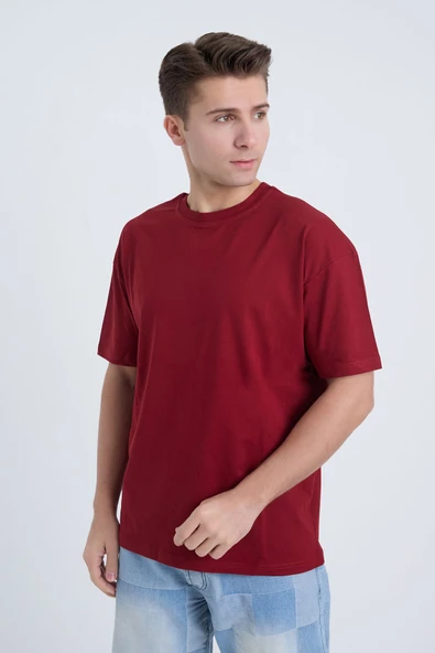 Moxe Collection Erkek Oversize Basic Tişört Bordo - Resim 3