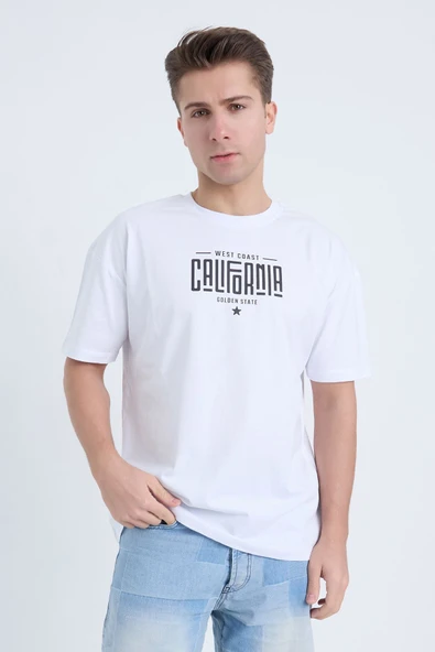 Moxe Collection Erkek Oversize Baskılı Tişört Beyaz California ürün görseli 1
