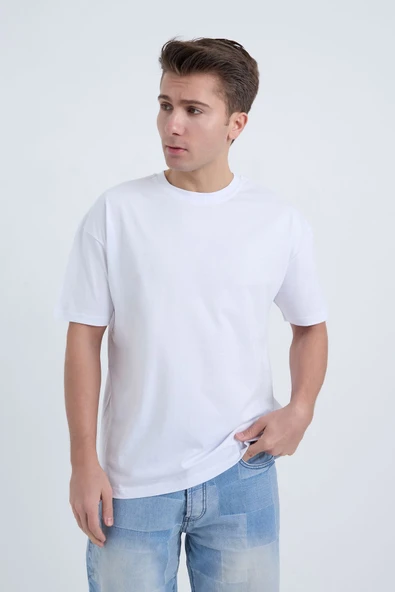 Moxe Collection Erkek Oversize Basic Tişört Beyaz - Resim 3