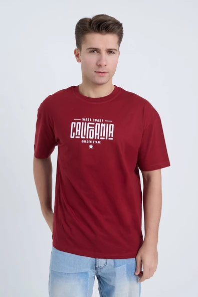 Moxe Collection Erkek Oversize Baskılı Tişört Bordo California ürün görseli 1