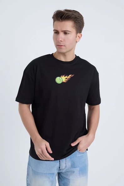 Moxe Collection Erkek Oversize Baskılı Tişört Siyah Hot Tennis ürün görseli 1