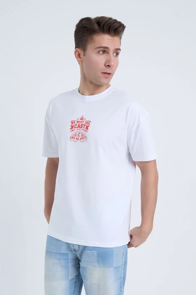 Moxe Collection Erkek Oversize Baskılı Tişört Beyaz We Must Sail ürün görseli 1