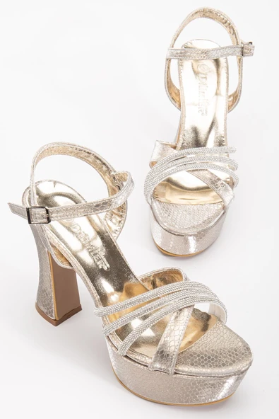 Çapraz Taşlı 40mm Gold Kadın Platform Topuklu Abiye Ayakkabı ürün görseli 1