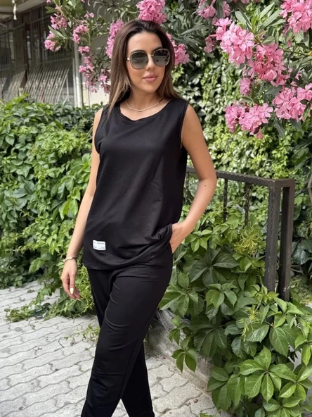 Kadın Askılı Yuvarlak Yaka Viskon Iki Iplik Bluz Ve Eşofman Altı Ikili Takım ürün görseli 1