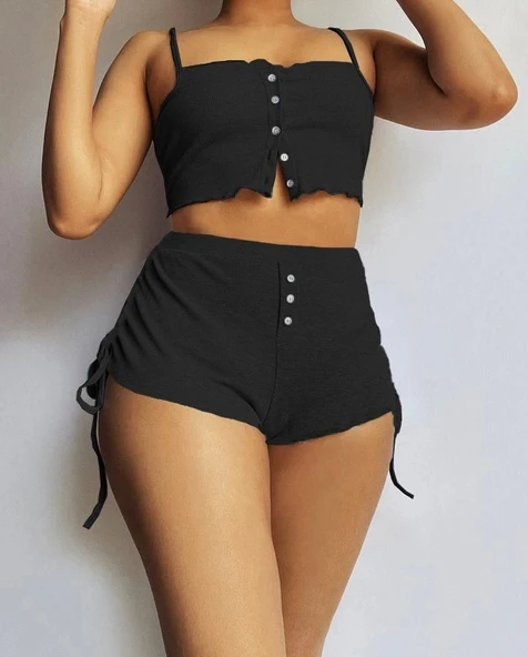 Kadın Ip Askılı Crop Bluz Ve Yanlardan Büzgülü Ikili Kaşkorse Short Takım ürün görseli 1