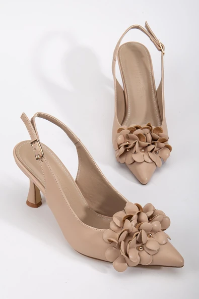 Kadın Stiletto Topuklu Ayakkabı Nude Topuk Açık Çiçek Motifli ürün görseli 1