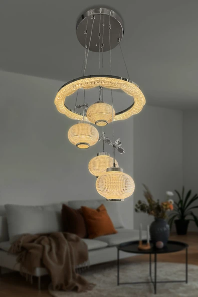 Kristal Küre 4 lü Modern Sarkıt Led Avize - Resim 5