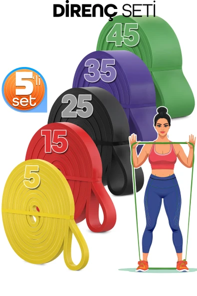 5+15+25+35+45 KG 5'li SET Barfiks Lastiği Gym Resistance Band Antrenman Kas Geliştirme Bandı 5 BOY ürün görseli 1