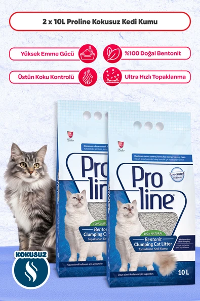 Pro Line Proline Parfümsüz Bentonit Topaklaşan Kedi Kumu 2x10 Lt ürün görseli 1