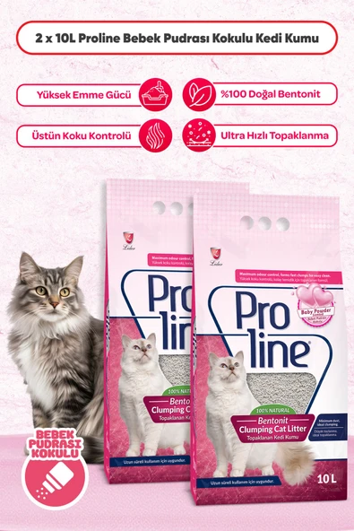 Pro Line Proline Bebek Pudrası Kokulu Ince Tane Topaklanan Kedi Kumu 10 Lt X 2 Adet ürün görseli 1