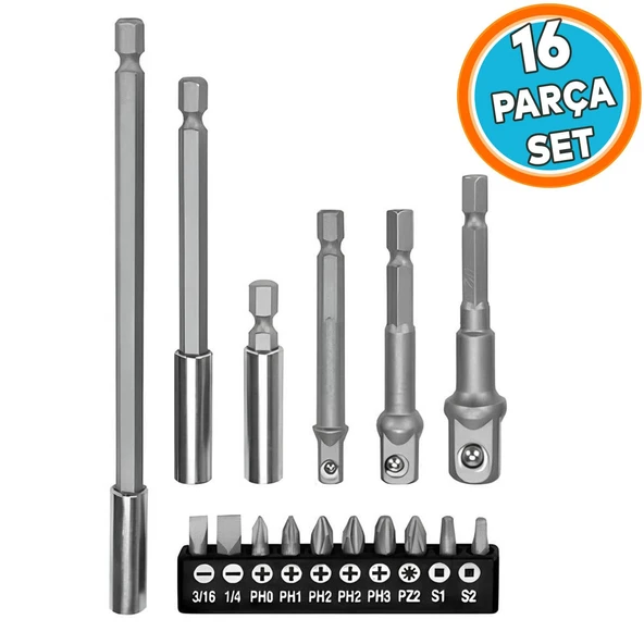 Mıknatıslı Bits Uç Adaptör Seti  Matkap Uyumlu 16 Parça 1/4 1/2 3/8 1/4 Yıldız Düz Uçlar S1 S2 PH Uç ürün görseli 1