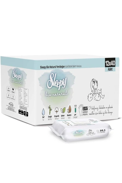 Sleepy Islak Havlu Bio Natural 40'lı (12 Li Set) 480 Yaprak ürün görseli 1
