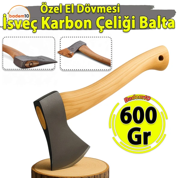 600 Gram 38 Cm El Yapımı İthal İsveç Karbon Çelik Yarma Odun Kesme Ahşap Saplı Balta Ergonomik Kamp ürün görseli 1