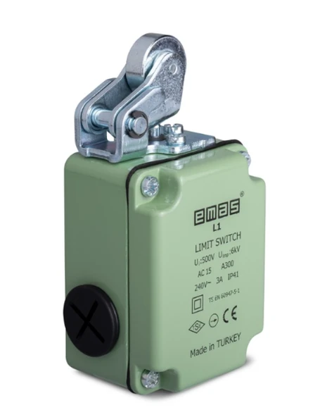 Emas L1K13MIM111 L1 Metal Gövde 22 mm Metal Makaralı Manivela Ani Hareketli 1NO+1NC Sınır Şalter ürün görseli 1