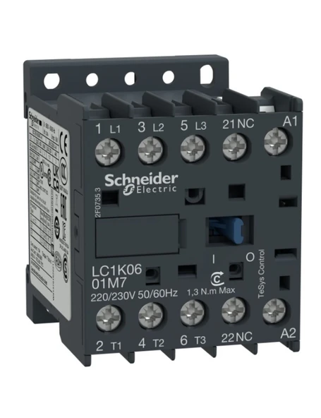 Schneider LC1K0601B7 TeSys K 6 A 2,2 kW 24V AC Kontaktör 3 Kutuplu 1NC AC-3 ürün görseli 1