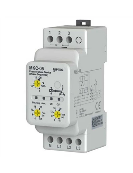 Entes M3977 MKC-05 Motor Faz Koruma Rölesi 1C/O Kontak 220-230VAC DIN II Ayarlanabilir Çekme-Açma Gecikmeli Nötr Kopması Algılamalı ürün görseli 1