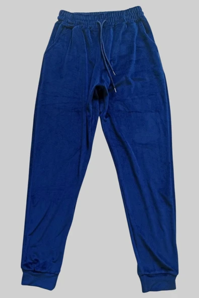 Parlak Kadife Cepli Pantolon Eşofman Pijama Altı Unisex Lastikli Paça Lacivert ürün görseli 1