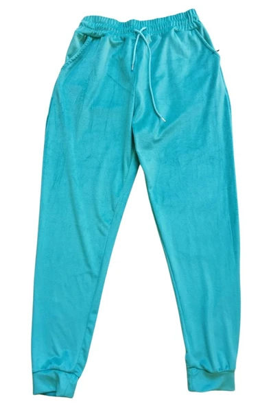 Parlak Kadife Cepli Pantolon Eşofman Pijama Altı Unisex Lastikli Paça Yeşil ürün görseli 1
