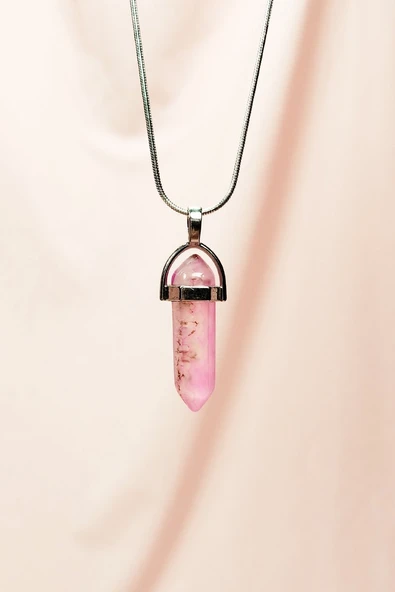 Pembe Kuvars Doğal Taşı Zincirli El Yapımı Tasarımlı Kolye Uç: 3,5 cm Zincir: 20 cm Kutulu ürün görseli 1