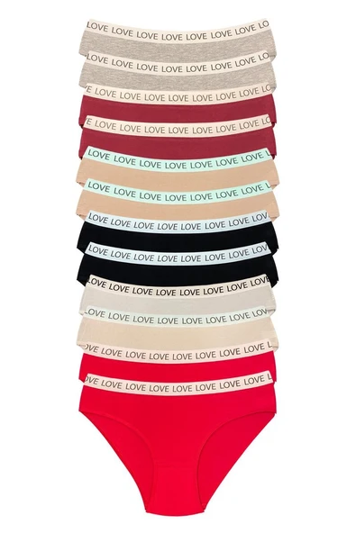 12 Adet Pamuklu Esnek Kadın Slip Bikini Külot Geniş Lastikli Baskılı ürün görseli 1