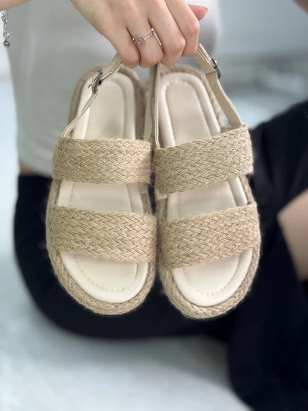 Günlük Kadın Bej Sandalet Hasır Detaylı Bantlı Rahat Dikişli Taban Tokalı Hafif Ayakkabı 058 ürün görseli 1