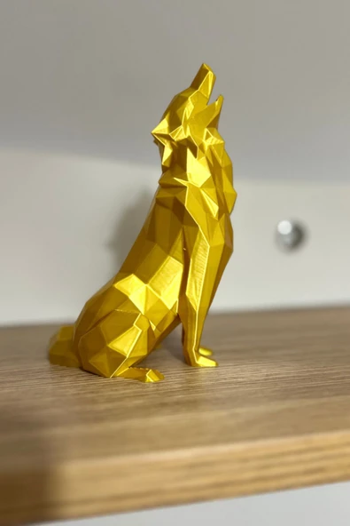 Geometrik Uluyan Kurt Heykeli - Altın Rengi Fasetli Tasarım - 15x10 cm Modern Ev Ofis Dekoru ürün görseli 1