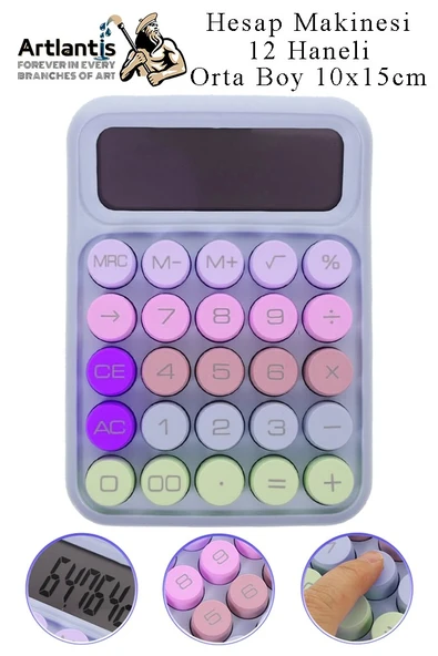 Hesap Makinesi Orta Boy Masaüstü 1 Adet 12 Haneli Yuvarlak Tuşlu Renkli Hesap Makinası 10x15 cm Renkli Büro Ofis Öğrenci ürün görseli 1