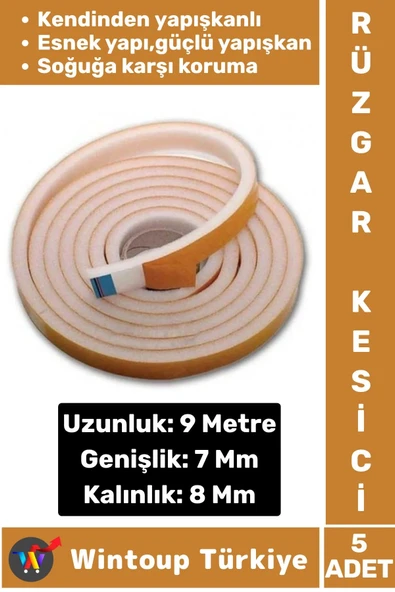 Premium Yapışkanlı Pencere İzolasyon Bantı Rüzgar Soğuk Kesici Cam Yalıtım Süngeri 9 Metre X 5 Adet ürün görseli 1