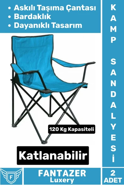 Dayanıklı Askılı Taşıma Çantalı Bardaklık Yeri 120 Kg Kapasiteli Katlanabilir Kamp Sandalyesi 2 Adet ürün görseli 1