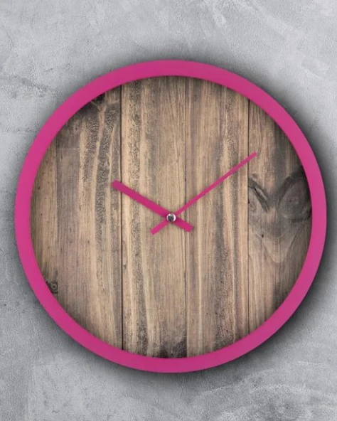 Rakamsız Ahşap Görünümlü Pembe Çerçeveli Sessiz Akar 30 Cm Duvar Saati ürün görseli 1