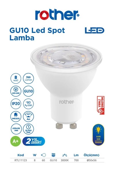 RTL11123 Rother GU10 LED Spot Ampul 8W 700 Lümen 3000K Sarı Işık - Enerji Tasarruflu Ampul ürün görseli 1