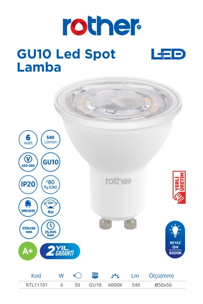 RTL11101 Rother GU10 LED Spot Ampul 6W 540 Lümen 6000K Beyaz Işık - Enerji Tasarruflu Ampul ürün görseli 1