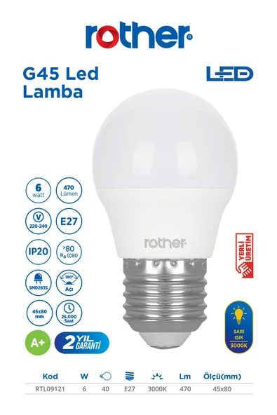 RTL09121 Rother G45 LED Ampul 6W E27 470 Lümen 3000K Sarı Işık - Enerji Tasarruflu Ampul ürün görseli 1