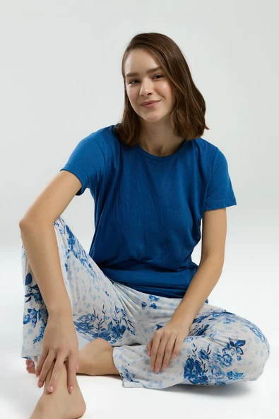 Pierre Cardin Kadın Saks Bisiklet Yaka Kısa Kol Desenli Pijama Takım ürün görseli 1