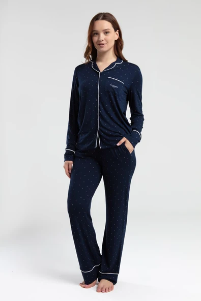 Pierre Cardin 8986 Kadın Lacivert Gömlek Yaka Önden Düğmeli Cepli Pijama Takım ürün görseli 1