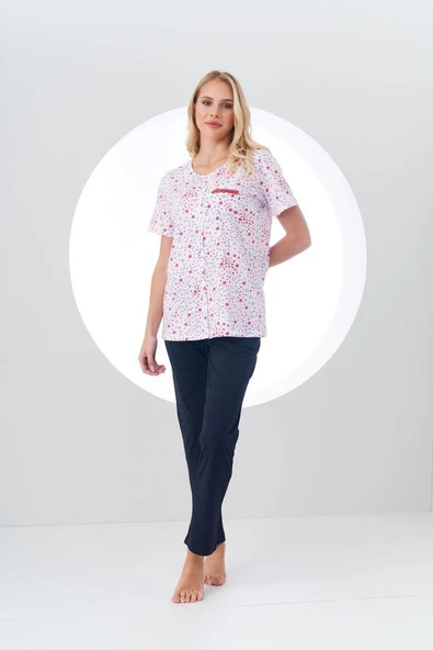 PJS Kadın Desenli Önden Düğmeli Kısa Kollu Pijama Takım ürün görseli 1
