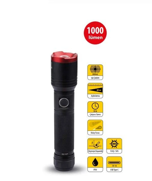 Ceta Lu-Max Pro Şarjlı El Feneri (Focus) - 1000 Lümen - R.P7R ürün görseli 1