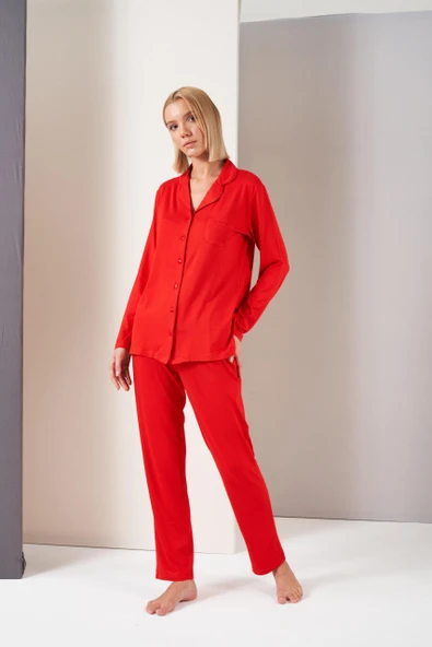 Pjs Kadın Gömlek Yaka Önden Düğmeli Uzun Kollu Pijama Takım ürün görseli 1