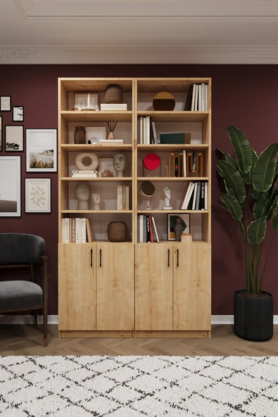 Modern Meşe Kapaklı Ayarlanabilir Raf Ev Ofis Kitaplık %100 MDF Dekoratif Kütüphane K40 ürün görseli 1