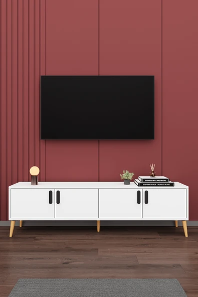 Modern TV Ünitesi %100 MDF 4 Kapaklı Ahşap Ayaklı Televizyon Sehpası T-01 ürün görseli 1