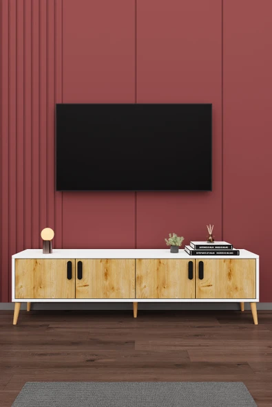Modern TV Ünitesi %100 MDF 4 Kapaklı Ahşap Ayaklı Televizyon Sehpası T-02 ürün görseli 1