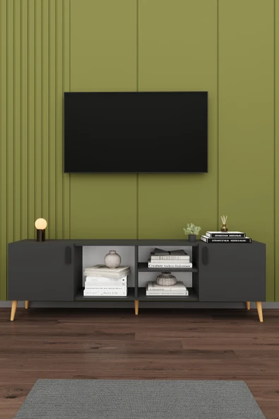 Modern TV Ünitesi %100 MDF Kapaklı Ahşap Ahşap Ayaklı Televizyon Sehpası T-12 ürün görseli 1