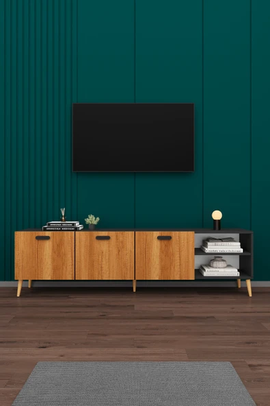 Modern TV Ünitesi %100 MDF Kapaklı Ahşap Ayaklı Televizyon Sehpası T-22 ürün görseli 1