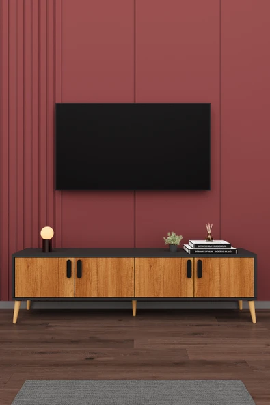 Modern TV Ünitesi %100 MDF 4 Kapaklı Ahşap Ayaklı Televizyon Sehpası T-05 ürün görseli 1