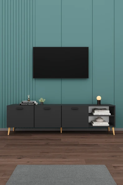 Modern TV Ünitesi %100 MDF Kapaklı Ahşap Ayaklı Televizyon Sehpası T-21 ürün görseli 1