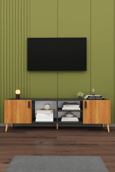Modern TV Ünitesi %100 MDF Kapaklı Ahşap Ayaklı Televizyon Sehpası T-13 ürün görseli 1