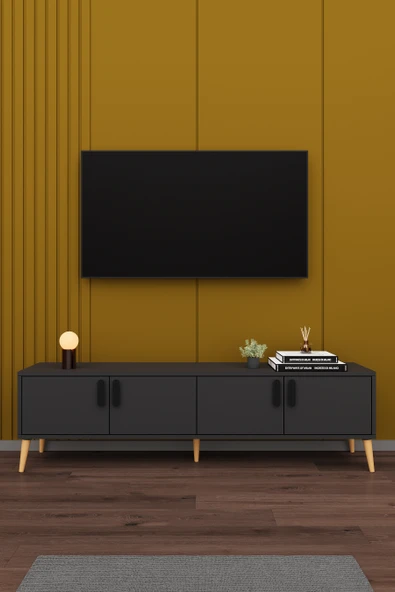 Modern TV Ünitesi %100 MDF 4 Kapaklı Ahşap Ayaklı Televizyon Sehpası T-04 ürün görseli 1