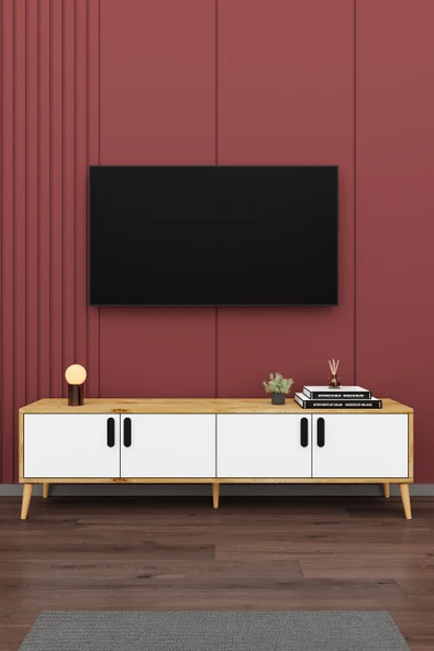 Modern TV Ünitesi %100 MDF 4 Kapaklı Ahşap Ayaklı Televizyon Sehpası T-03 ürün görseli 1