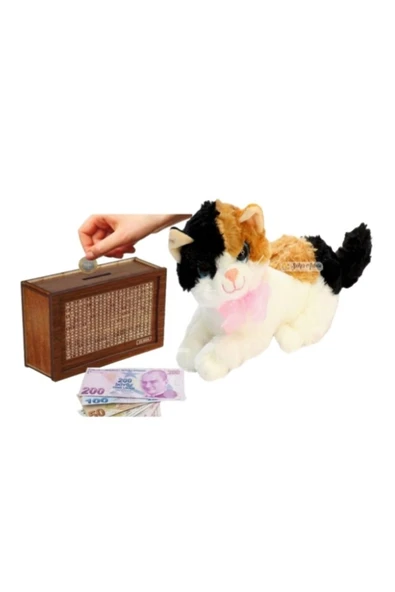 Şeker Adası Sevimli Miyavlayan Sesli Kedi 28 Cm Peluş Ve Ahşap 10.000 Hedefli Kumbara Para Biriktirme Kutusu ürün görseli 1