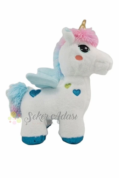 Şeker Adası Kanatlı Mavi Kalpli Unicorn At 35 Cm Oyuncak Beyaz Peluş Pony At Uyku Ve Oyun Arkadaşı Mama ürün görseli 1
